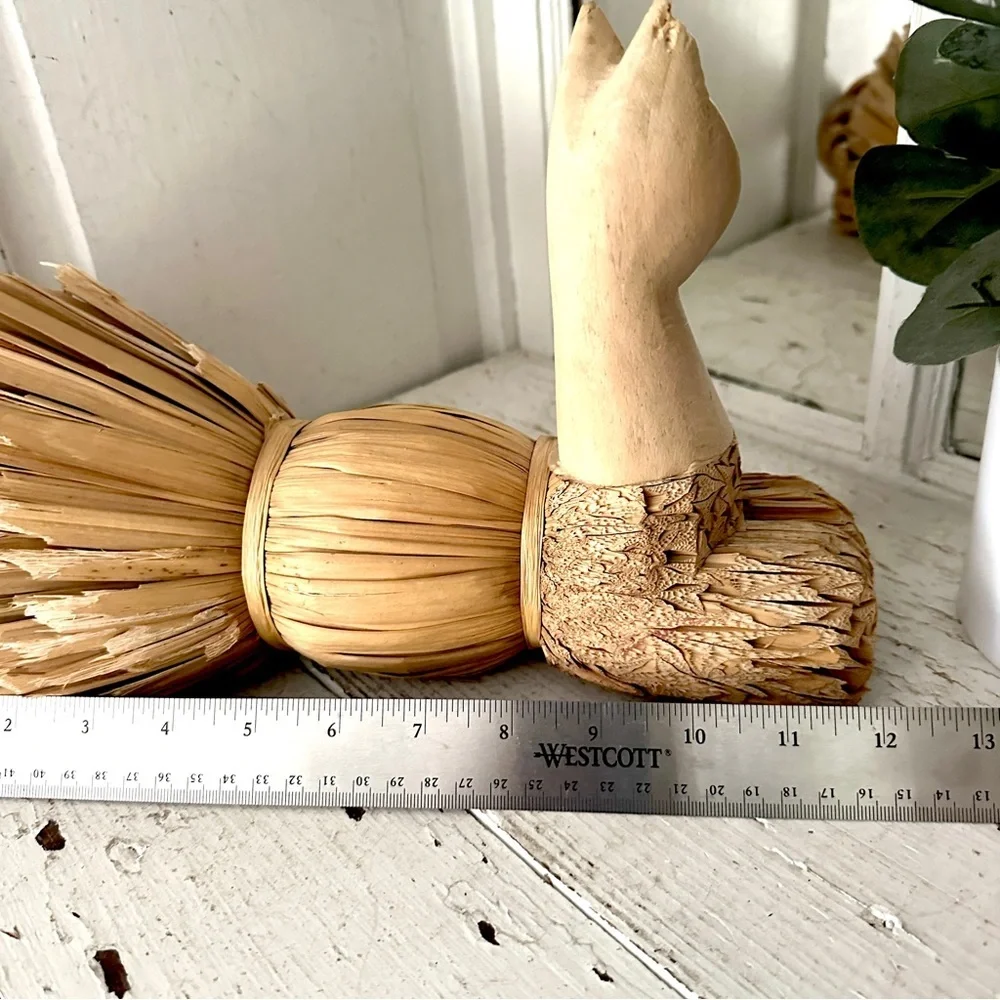 Cat Carved Wood Face Straw Husk Reed Body Decoy Figure 12” Home Decor Rustic Vtg